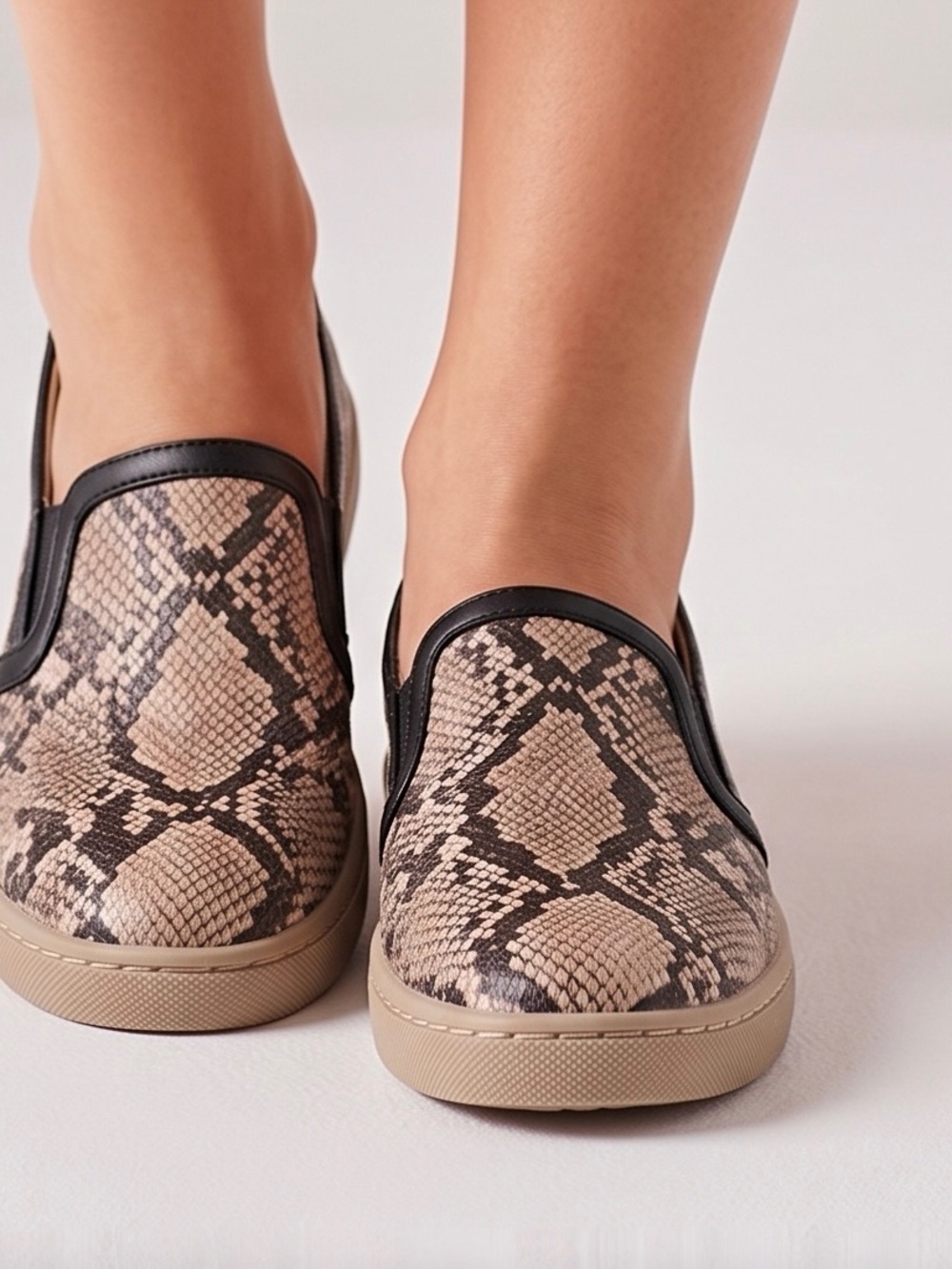 BareTraps Beige and Black Snake-Print Slip-On Sneakers - Size 10